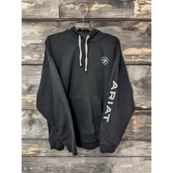 Ariat Sleeve Logo Hoodie Men 2XL Black Pullover Sweatshirt Country Rodeo Cowboy - Picture 1 of 8